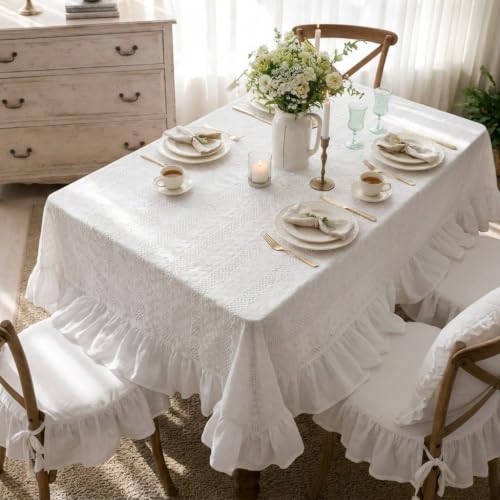ARTMAGIC French Ruffled Cotton Tablecloth with Lace Decorative - size: 120" x 60" (Rectangular)