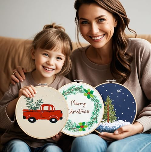Embroidery Christmas Kits for Adults Beginners Embroidery Starter Kits with Christmas Tree Wreath Pattern, Hand DIY Embroidery Stamped kits, 3 Embroidery Hoops, 3 Embroidery Fabric, Needles and Thread
