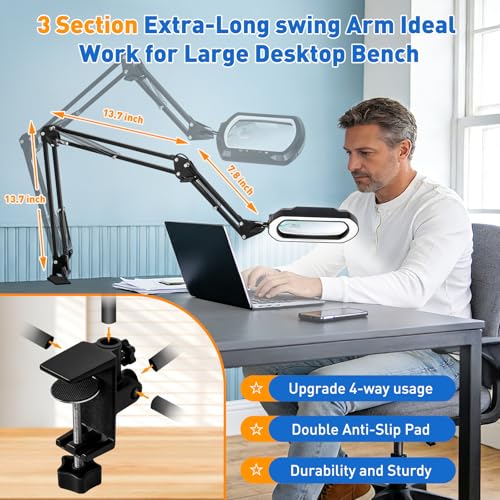 15X 30X Square 3-Section Magnifying Glass with Light and Clamp-White - color: White, size: 15X 30X