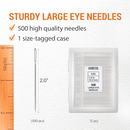 VONEEDL 500 PCS Large Eye Heavy Duty Sewing Needles - Bulk Set of 2 inch Big Eye Embroidery Needles - Easy to Thread Quilting Needles - size: 500pcs