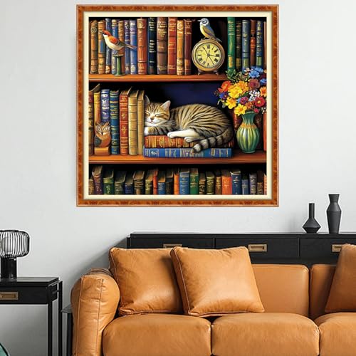 Funchey Counted Cross Stitch Kits for Adults Needlepoint Kits Unprinted Cross Stitching Embroidery Kit 11CT Cross Stitch Supplies-Cat Sleeping in on the Bookshelf 18x18 inch - color: Artcolor20