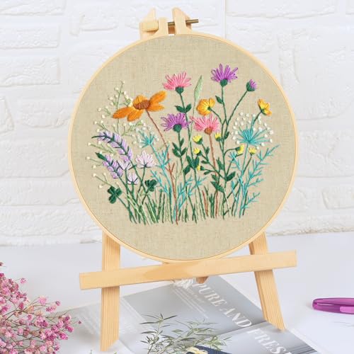 MAMUNU Embroidery Kit for Beginners Adults, Cross Stitch Kits, Stamped Cross Stitch Kits, Flower Embroidery Kit with Printed Embroidery Cloth, Embroidery Hoop, Color Threads and Tools - color: Floral