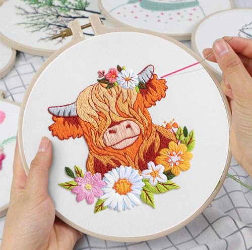 Louise Maelys Highland Cow Embroidery Kit for Beginners Floral DIY - color: kit-12