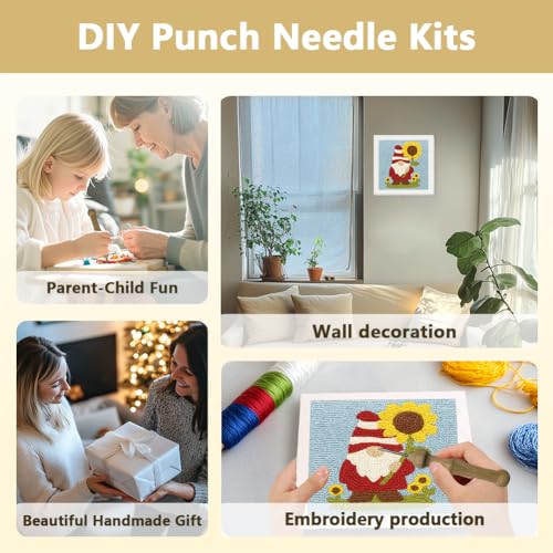 Doodlream Dwarf Sunflower DIY Punch Needle Embroidery Kit for Adult Beginner, 9.4" Gnome Flower Punch Stitching Craft Set for Starter with Frame, Fabric Pattern, Threader, Yarn, Pinch Needle - color: Dwarf Sunflower