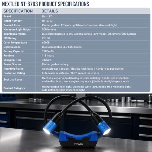 NextLED NT-6763 Rechargeable Neck Light, 500 Lumens Mechanic Neck Light with Adjustable Spot/Flood Beams, Flexible Arms, Magnetic Mounts, Replaceable Battery, Wearable Flashlight for Work & Repair