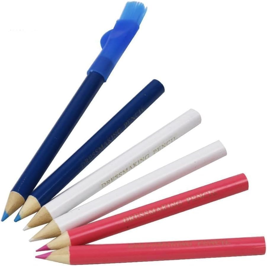 3Pcs Blue White Red Sewing Fabric Pencils,Tailor 's Mark Chalks Fabric Chalk Pens,Fabric Marking Pencil with Cover Brush Dressmaker Tracing Tools,Sewing Marking and Tracing Tools,Sewing Tools