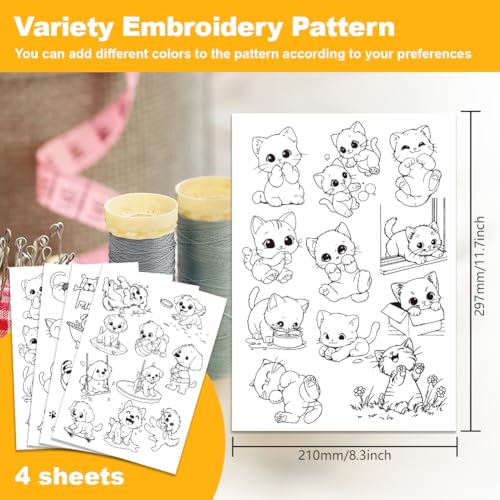 Hobbspring 4 Sheets Cat Dog Water Soluble Embroidery Stabilizers 11.69x8.27 Inches Stick and Stitch Embroidery Paper Adhesive Embroidery Transfer Paper for Hand Sewing Lover Beginners