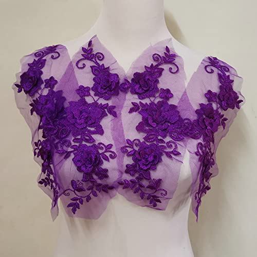 2 Pair 29 * 13cm Red/Pink/Purple/Sky Blue Wedding Dress Lace Shirt Accessories Embroidery Lace Garment Design DIY Accessories (Purple) - color: Purple
