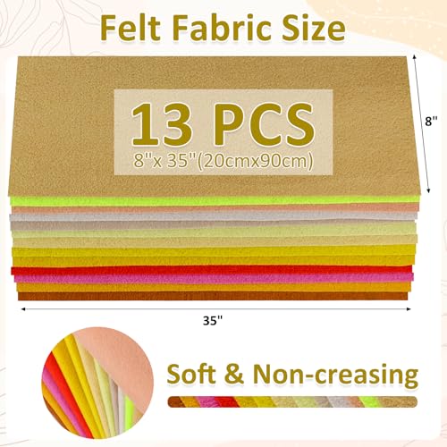 XSEINO 13 Rolls 8"x35" 1.4mm Thick Soft Felt Fabric Sheet 13 Assorted Yellow Series Colors Felt Pack for DIY Craft Sewing Squares Nonwoven Patchwork - color: Yellow Hues