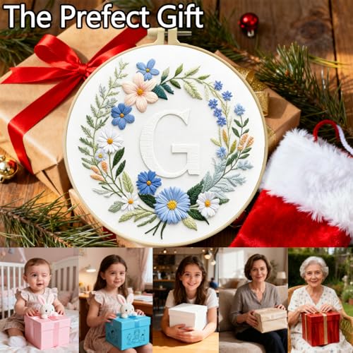 Zhenqing Letter G Embroidery Kit for Beginners, Pre-Printed 29x29cm Cotton Fabric with 20cm Hoop, Elegant Floral Monogram with Daisies Design(C0090)
