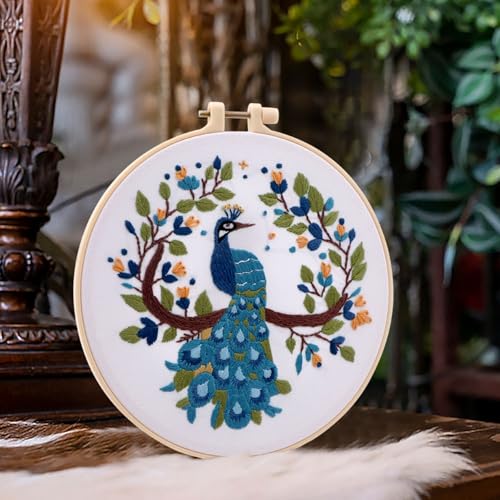 Embroidery Kit for Beginners, Needlepoint Kits for Adults with Peacock Stamped Pattern Hand Crafts, Adults Starter Cross Stitch Kit DIY Needlepoint with Hoop, Needles Stamped Patterns DIY Supplies - color: Peacock
