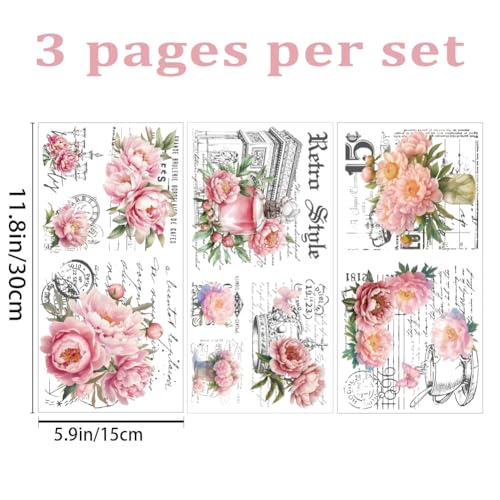 3 Sheets Peony Vintage Script Rub on Transfers for Crafts, 12×6in - style: Pink Peonies
