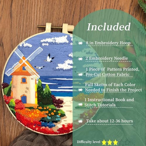 FONNUY Embroidery Kit for Beginners, Boho Nature Landscape Pre-Stamped Pattern Kits for Adults with Hoop, Easy to Follow Color Thread Needlework, 8'' Hoop (Beach House) - color: Beach House