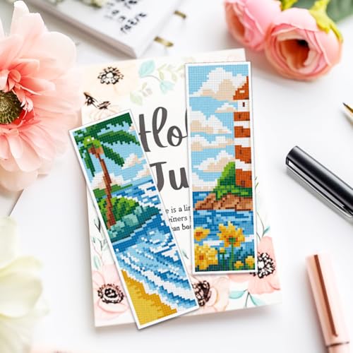 ACRNIGHEET 6pcs Cross Stitch Bookmark Kits, Landscape DIY Cross Stitch Bookmarks, Embroidery Bookmark Cross Stitch Kits with Scenery Pattern, Stamped Cross Stitch Kit Bookmark for Beginners Adults - style: Mountain and river patterns