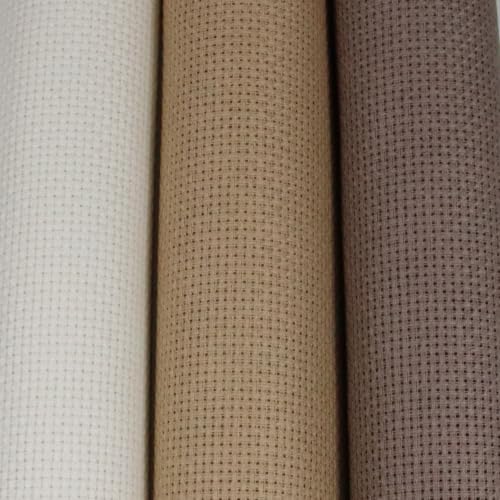 KCS 3 pc of 15" x 18"(38cmx45cm) 16 Count Cross Stitch Cotton Aida Cloth Needlework Rolled Fabric Box,16CT,Antique White +Coffee+Khaki - color: Antique White +Coffee+khaki, size: 16CT