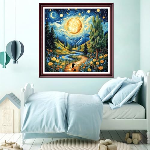 Funchey Counted Cross Stitch Kits for Adults Needlepoint Kits Unprinted Cross Stitching Embroidery Kit 11CT Cross Stitch Supplies-Starry Night Moon Garden 18x18 inch - color: ArtsKits07