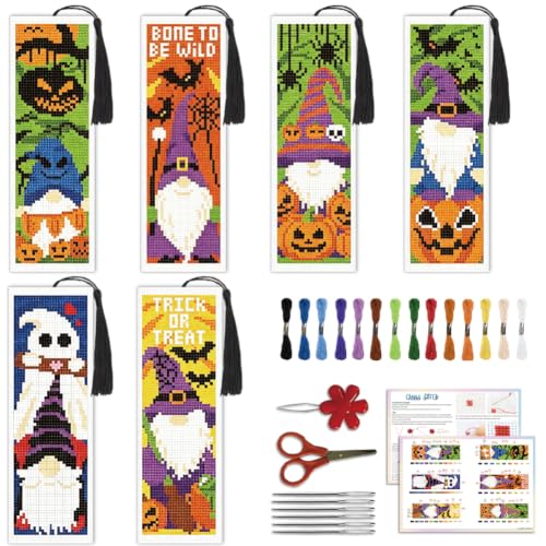 ACRNIGHEET 6PCS Cross Stitch Bookmark Kit (Halloween Dwarf Pattern) - style: Halloween Dwarf Patterns