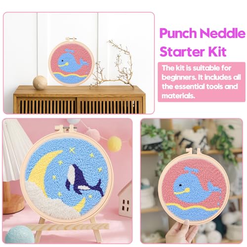 Cheloment 2 Sets Punch Needle Kits with 5mm/3.5mm Punch Needle,Fabric,Threader, Yarns and Hoops Embroidery Starter Kit for Adults Beginner, Perfect for DIY Craft and Decoration (Dolphin&Whale) - size: Dolphin & Whale