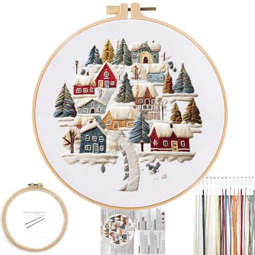 FONNUY Crewel Christmas Embroidery Kit for Beginners, Cross Stitch Set Winter Snow Scene Pine Owl Pattern for Adults, Easy to Follow Color Thread Needlework, 8'' Hoop (Tree and House 1) - style: Tree and House 1