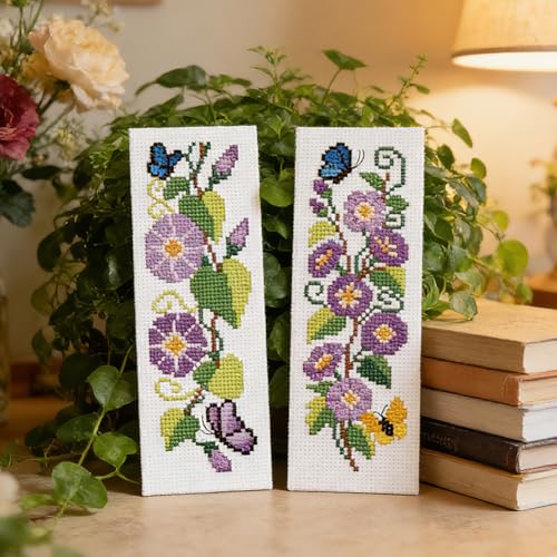 INFUNLY 6pcs Wisteria Floral Cross Stitch Bookmark Kit for Adults DIY Purple Vine Embroidery Bookmark Kits Butterfly Purple Flower Cross-Stitch Pre-Printed Bookmarks with Instructions for Book Lovers - style: Purple Flowers
