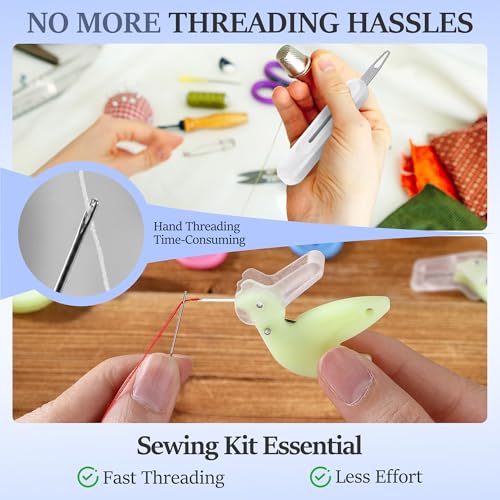 Dreyoo Needle Threader Set for Hand Sewing, 2 Large Automatic Threaders for Yarn & Thick Thread + 2 Hummingbird Fine Threaders with Cutter, Threading Tool Kit for Embroidery, Sewing Machine (4 Pack)