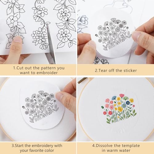Water Soluble Embroidery Patterns Stabilizers, 5 Sheets 43 Pcs Flower Stick and Stitch Embroidery Papers Wash Away, Pre-Printed Long Rattan Floral Pattern Transfers for Hand Sewing Lovers Beginners - size: Flower B