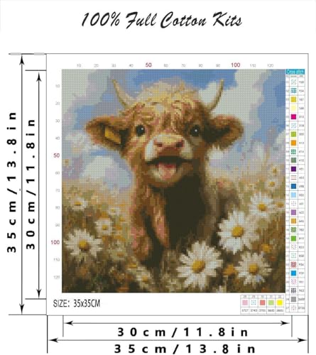 Stamped Cross Stitch Kits for Beginners Adults-Highland Cow,14x14in - color: cross stitch-Cow