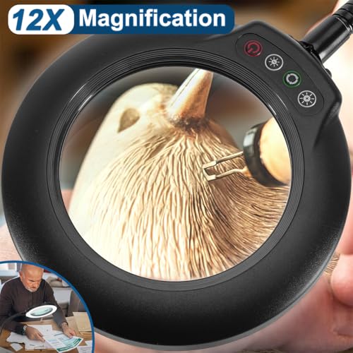 IVMAIE 12X Magnifying Glass with Light, Real Glass Lens, 5 Color Mode - color: Black