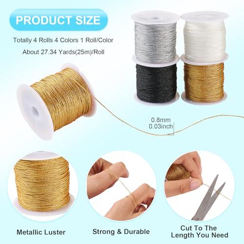 Beadthoven 4 Rolls Metallic Cord Twine 109 Yards Metallic Thread Colored Tinsel String Crafts Cord Tag Cord for Christmas Ornament Hanging Decoration Jewelry Making Thread 0.8mm Gold Black White Gray