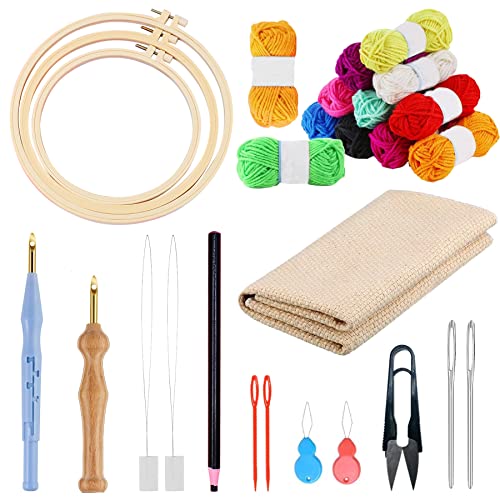 Allazone Embroidery Kit - 17 Pcs with 3 Plastic Hoops, 3 Punch Needles, 12 Colors, Big Eye Needles & Threaders - color: 3 PCS Plastic Hoops