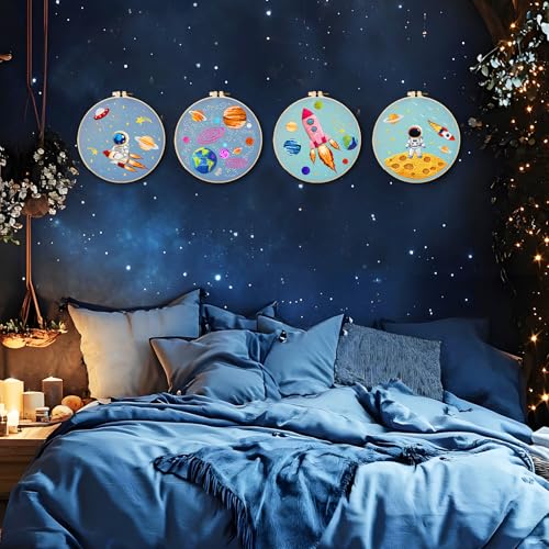 INFUNLY 4 Sets Astronaut Embroidery Kits for Beginners Space Cross Stitch Sets with Instructions Rockets Embroidery Starter Kits for Adults DIY Embroidery Needlepoint Kits Handmade Sewing Craft Sets - style: Space