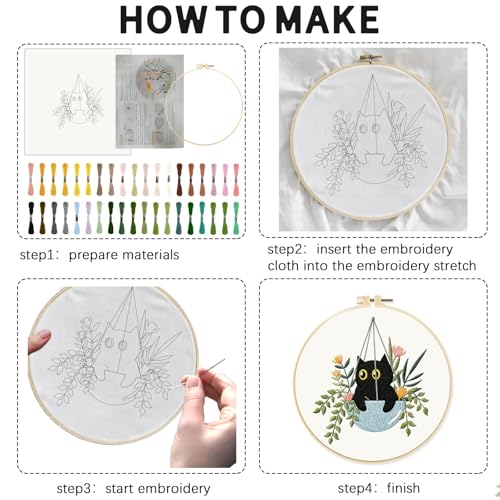 INFUNLY 4 Sets Cat Embroidery kit DIY Embroidery Kit for Beginners Cat Embroidery Set Plant Cats Cross Stitch Kit for Adults with Plastic Embroidery Hoops Threads and Instructions - color: Cat and Plant