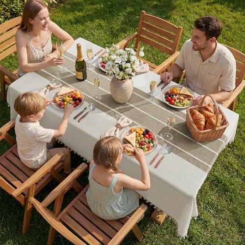 Softalker Fall Linen Rectangle Tablecloth with Tassel, 55 x 84 Inch - color: Coffee Lines, size: 55" x 84" (Rectangular)