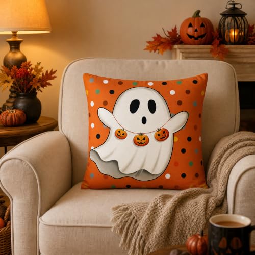 Cute Ghost with Pumpkin Linen Pillow Cover 18x18 Yellow Background - color: Pa10064, size: 18" x 18" (Pack of 1)