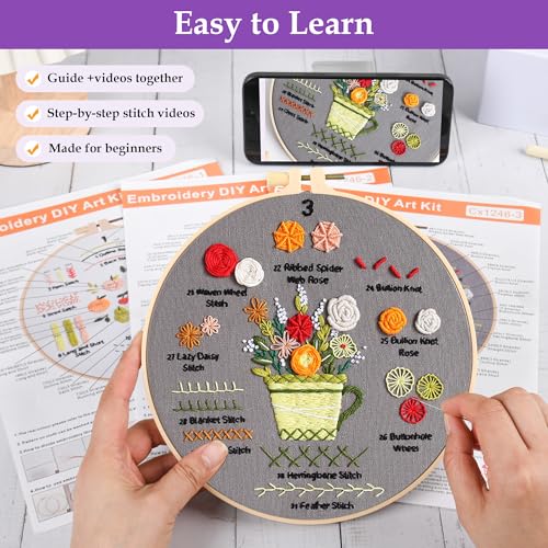Embroidery Kit for Adult Beginners, 3 Pack Embroidery Stitches Practice Kit to Learn 31 Stitches, with Step-by-Step Instructions & Videos, Tools, DIY Needlework Craft Gift for Craft Lovers Women - color: Embroidery Kit-F