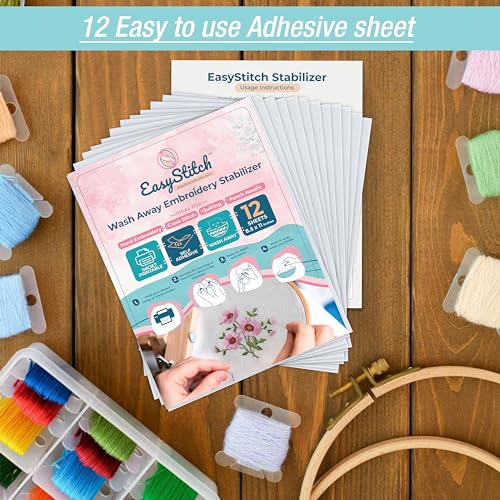 EasyStitchStudio 12 Pcs Stick n Stitch Embroidery Paper Sheets – 8.5” x 11” Water Soluble Stabilizer for Embroidery – Adhesive Stabilizer for Transferring Embroidery Patterns