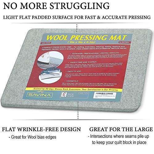 Wool Pressing Mat - 9" x 9" Quilting Ironing Pad - 100% New Zealand Felted Wool Iron Board for Quilters, Great for Quilting & Sewing Projects by Savina - size: 9in x 9in