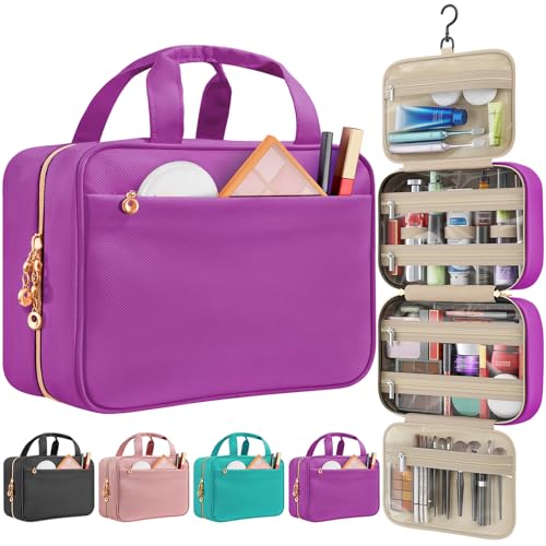 Travel Toiletry Bag for Women, Hanging Makeup Organizer Clear Pockets - color: Purple, size: Medium