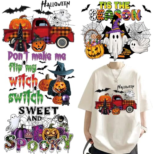Happy Halloween Heat Transfer Vinyl Patches, 4 Packs Witch Iron on Transfer Stickers Sweet and Spooky Pumpkin Ghost Dwarf Bat Design Large Patches Heat Thermal Press Appliques for Jacket T-Shirt Bags - color: I