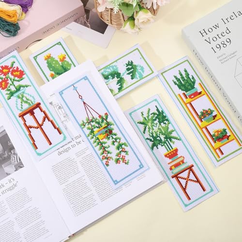 ORIGACH 6 Set Green Plants Cross Stitch Bookmark Kit for Beginner with Backing Felt Floss Instructions DIY Stamped Embroidery Bookmark Kit for Adults, Book Lovers - style: Green Plants
