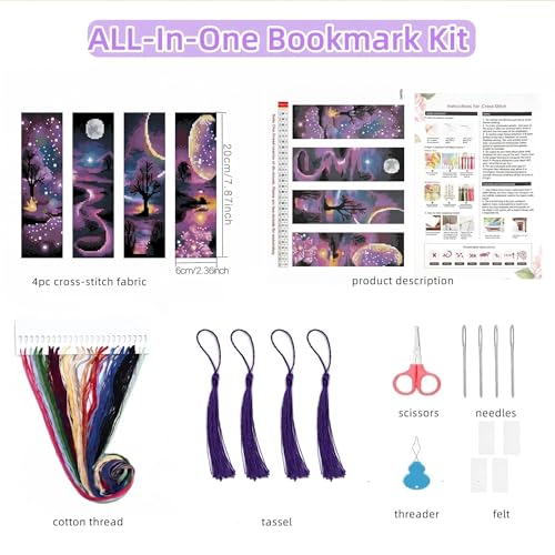 4PC Starry Night Counted Cross Stitch Bookmark Kit for Adults Beginners - color: SQJ002-01