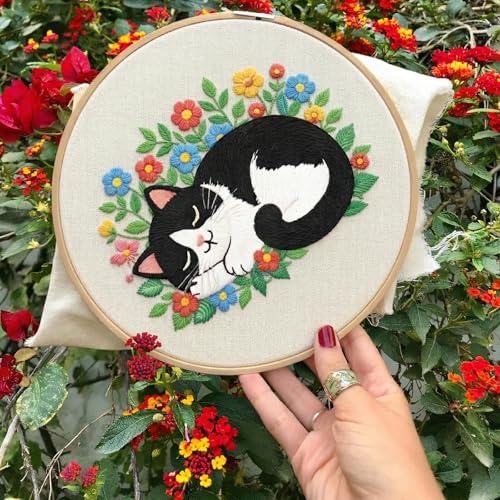 INFUNLY 4 Sets Cute Cat Embroidery Kits for Adults Flowers DIY Cross Stitch Starter Kit with Instructions Kitten Wildflowers Needlepoint Kits with Embroidery Cloth Colored Threads Hoops Tools