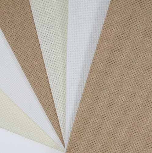 KCS 6 pc of 12" x 18"(30cmx45cm) 14CT Counted Cotton Aida Cloth Cross Stitch Fabric (White+Cream+Khaki) - color: White+cream+khaki