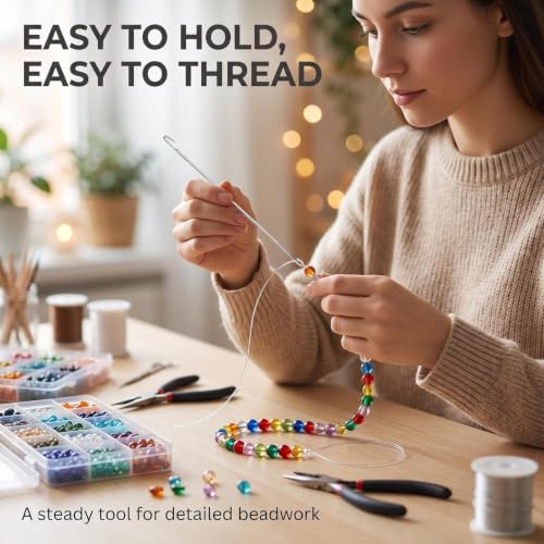 2 Pcs Metal Beading Needles Bead Crochet Hooks Beaded Needles Steel Wood Bead Needle Threader Jewelry Making Tools Beading Needles