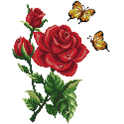 Stamped Cross Stitch Kits for Beginners Full Range of Crossstitching Kits Preprinted Pattern for Kids or Adults, Embroidery Needlepoint Starter Kits 14CT 2 Strands-Butterflies Rose,10.2''x11.8'' - color: Butterflies Rose,10.2''x11.8''