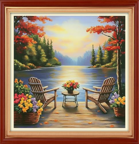 Foxhool Stamped Cross Stitch Kits,11CT Printed Cross Stitch Pattern Full Embroidery Kits for Beginner Needlepoint Kits&Resting Scenery by the Lake 18x18 inch - color: ColorSet03