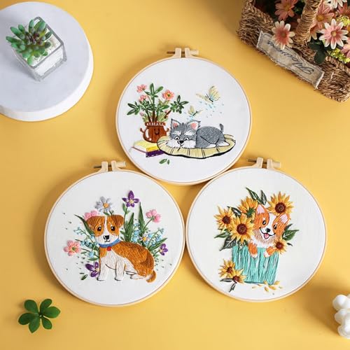 GLTAYLMY Dogs Embroidery Kit for Beginners with Pattern and Instructions,3 Pack Cross Stitch Kits,1 Plastic Embroidery Hoops,Threads and Needles,Needlepoint Kit for Adults - color: Dogs