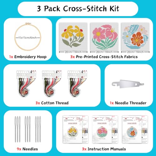 3 Pack Flower Stamped Cross Stitch Kits for Beginners,with Hoop 6x6 inch - color: Abstract Flowers-2607