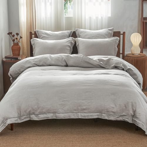 Simple&Opulence 100% Linen Duvet Cover Set with Embroidery Border Washed - 3 Pieces (1 Duvet Cover with 2 Pillow Shams) with Button Closure Soft Breathable Farmhouse - Light Grey, Full Size - color: Light Grey, size: Full