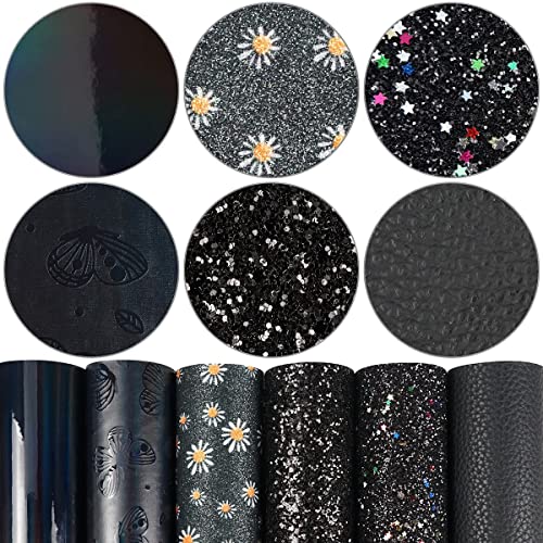 Litchi 6 Pack 8x12 Inch Faux Leather Sheets for Bow Earring, Easy to Cut Vinyl Fabric for Cricut, Durable Fade Resistant Leatherette Without Smell, Black Series - color: Blackmix